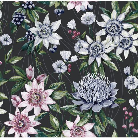 Dutch Wallcoverings First Class Amazonia Passiflora Black 91324